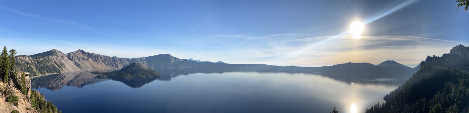 Panorama of Crater Lake and Wizard Island in morning sun