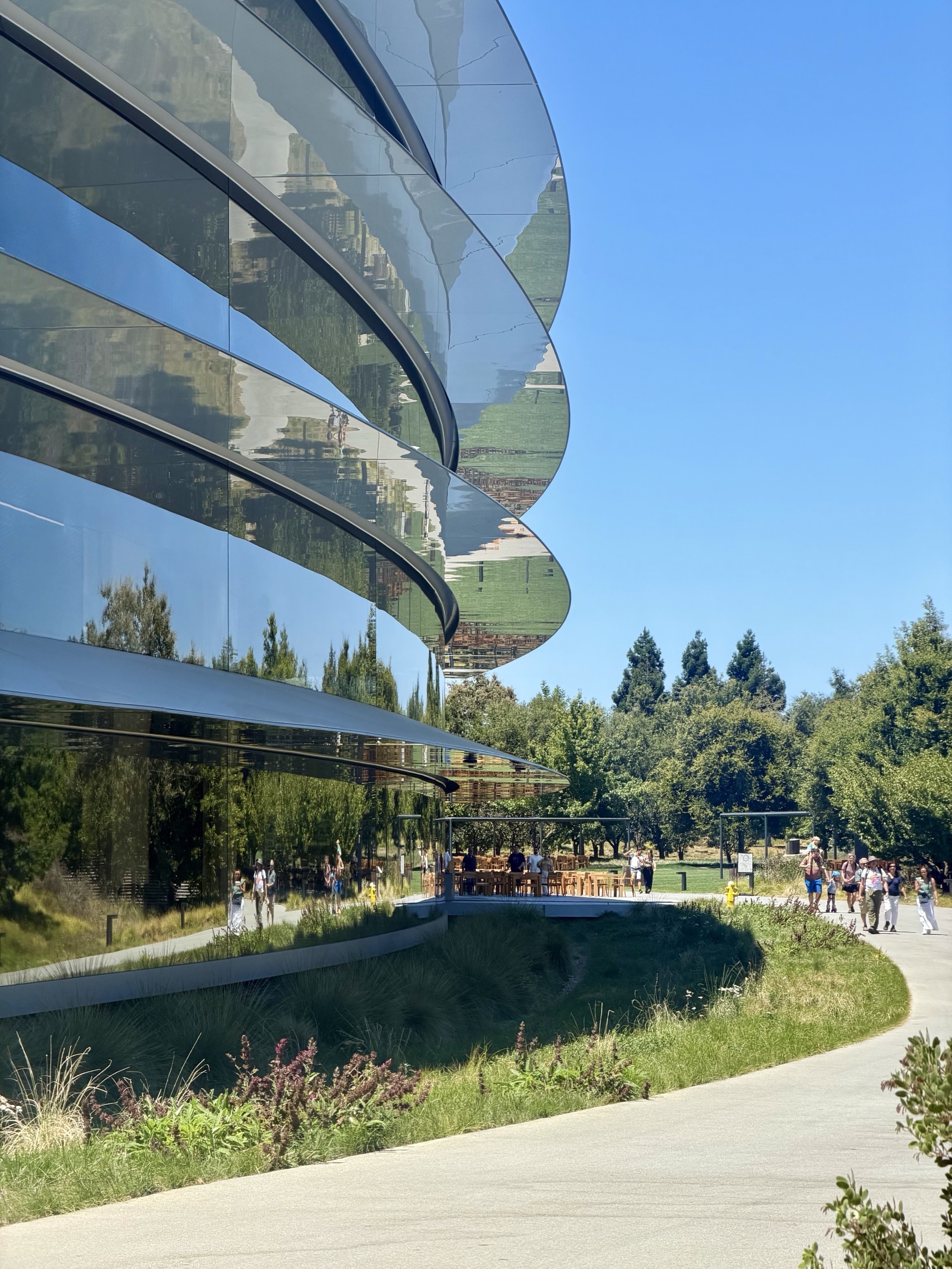 The curved glass wall of the Apple Park ring building