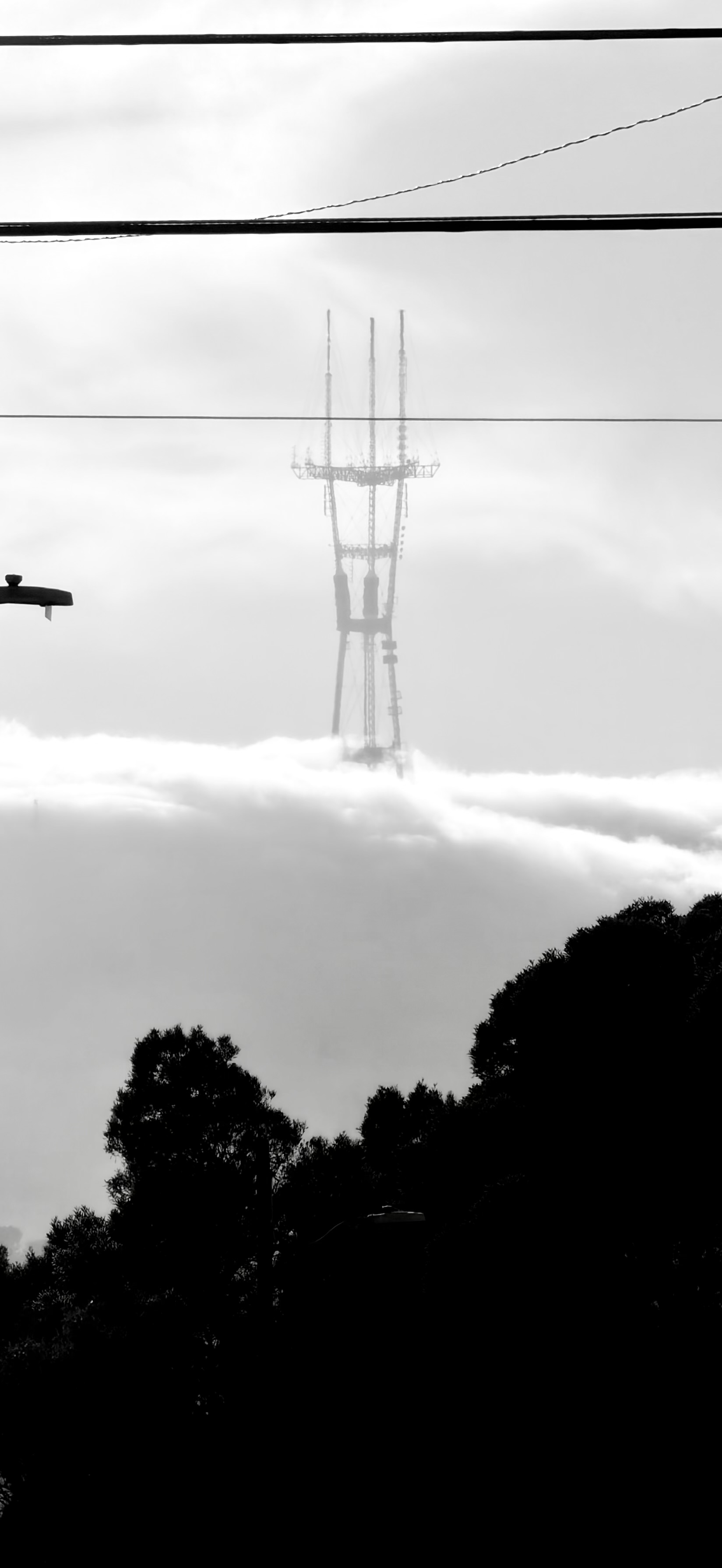 Sutro Tower rising out of the fog, in black and white